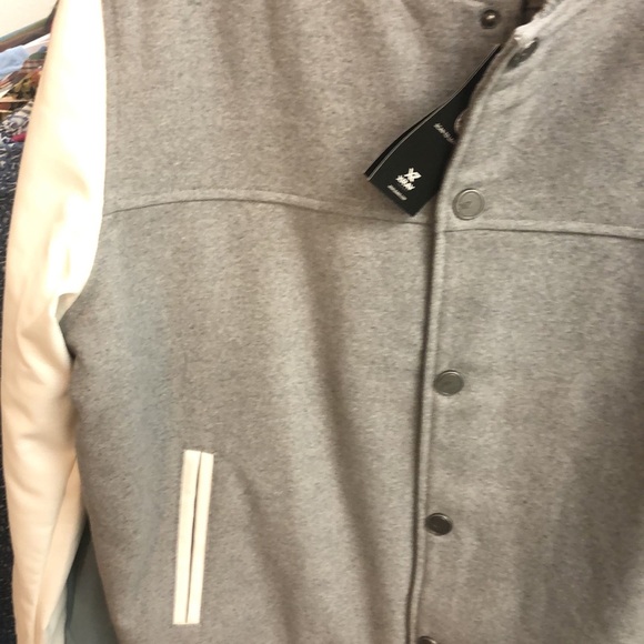 Gray and White Varsity Bomber Jacket with Ribbed Collar - Picture 3 of 5